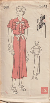 1930's New York Shirtwaist Dress Pattern with Large Collar and Detailed Pocket - Bust 32" - No. 588