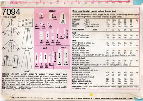 1970's Simplicity Unlined Jacket with or without Hood, Skirt and Pants Pattern - Bust 36" - No. 7094