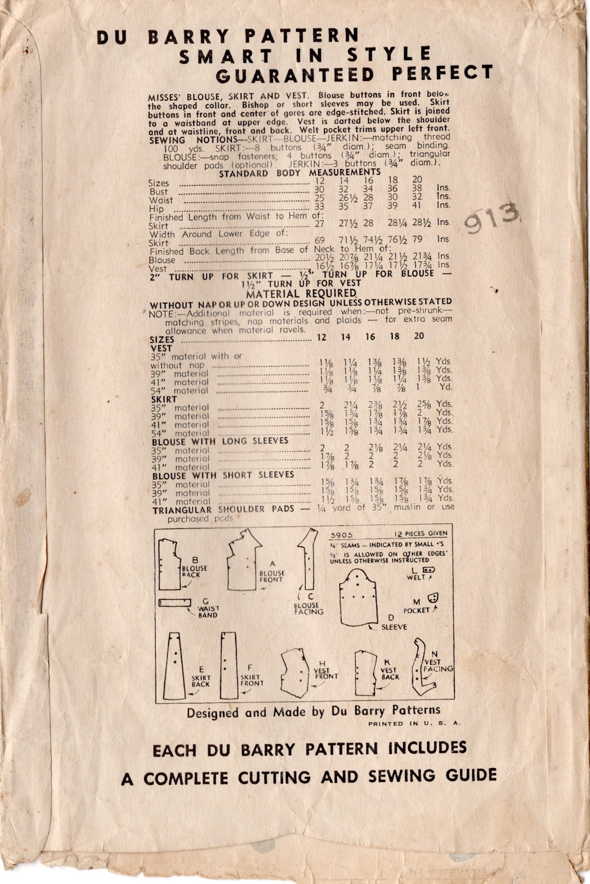 1940's DuBarry Blouse, Skirt and Vest Pattern - Bust 34" - No. 5905