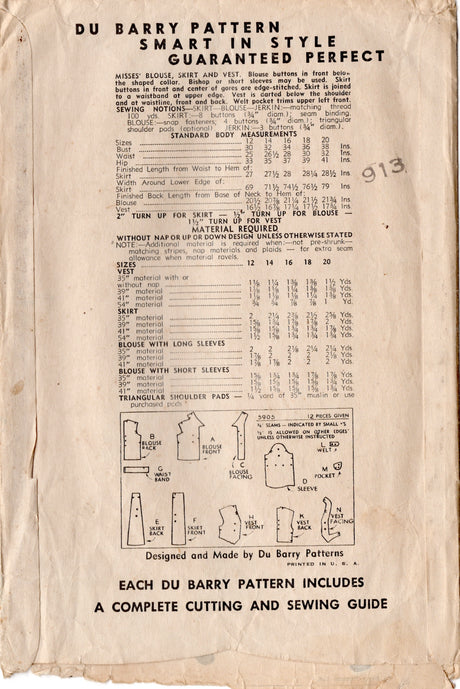 1940's DuBarry Blouse, Skirt and Vest Pattern - Bust 34" - No. 5905