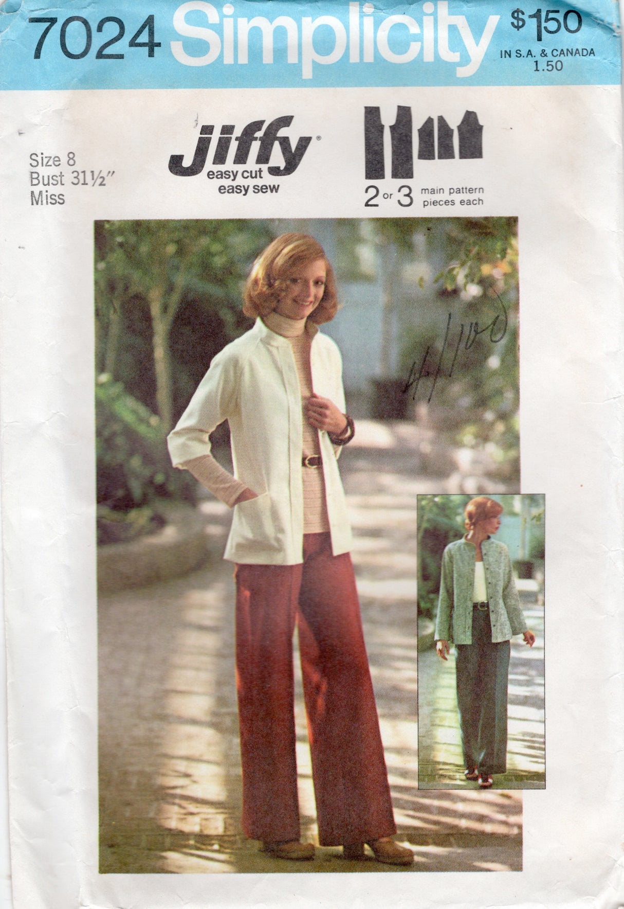 1970's Simplicity Jiffy Jacket and Pants Pattern - Bust 31.5" - No. 7024