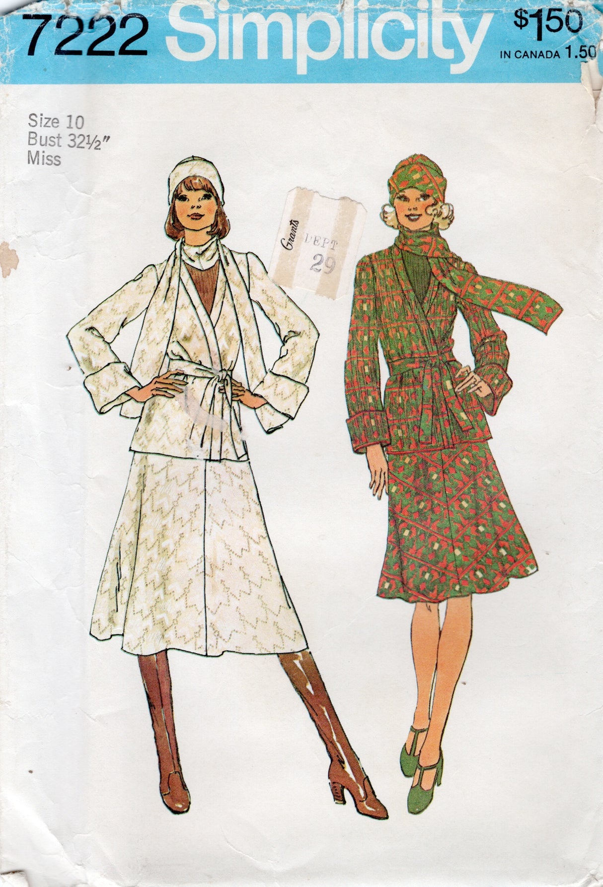 1970's Simplicity Unlined Wrap Jacket, Scarf, Hat and A-line Skirt Pattern - Bust 32.5" - No. 7222