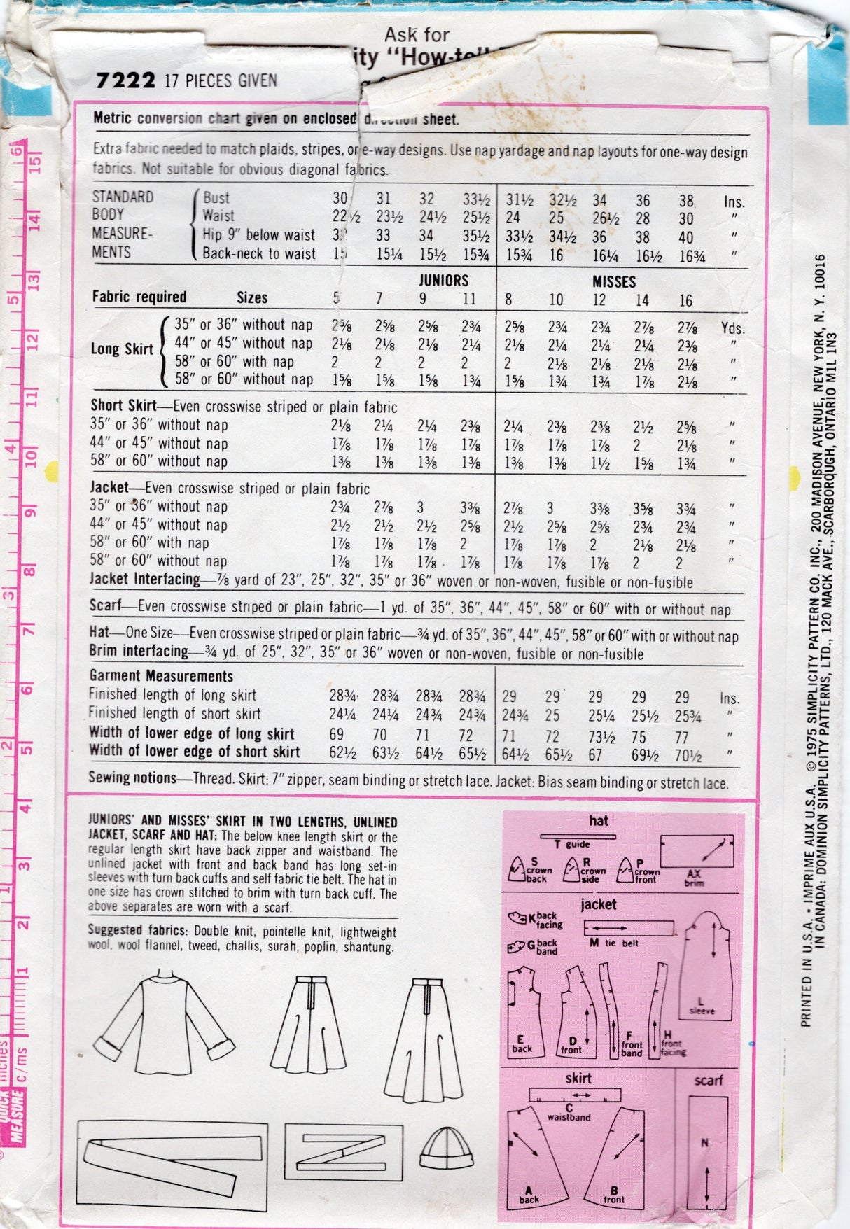 1970's Simplicity Unlined Wrap Jacket, Scarf, Hat and A-line Skirt Pattern - Bust 32.5" - No. 7222