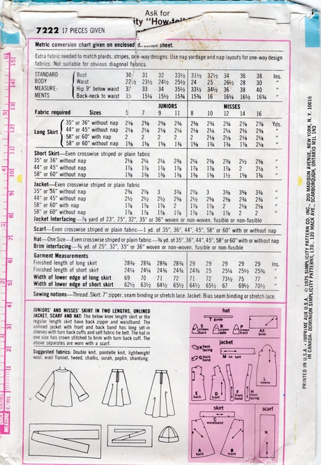 1970's Simplicity Unlined Wrap Jacket, Scarf, Hat and A-line Skirt Pattern - Bust 32.5" - No. 7222