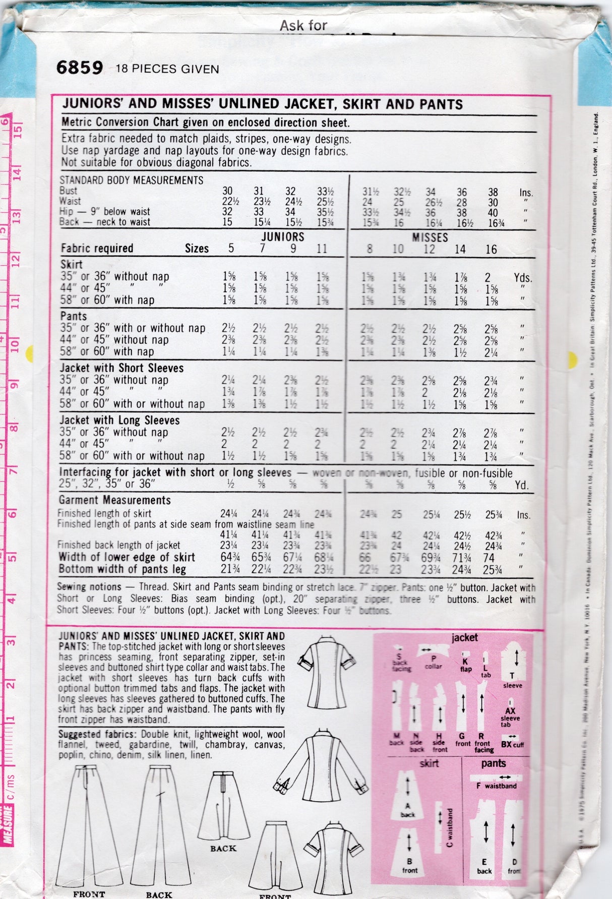 1970's Simplicity Unlined Jacket, A-line Skirt and High Waisted Pants Pattern - Bust 32.5" - No. 6859