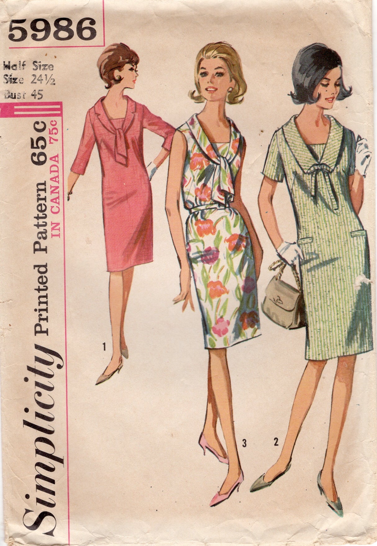 1960's Simplicity Shift Dress Pattern with Large Collar - Bust 45" - No. 5986