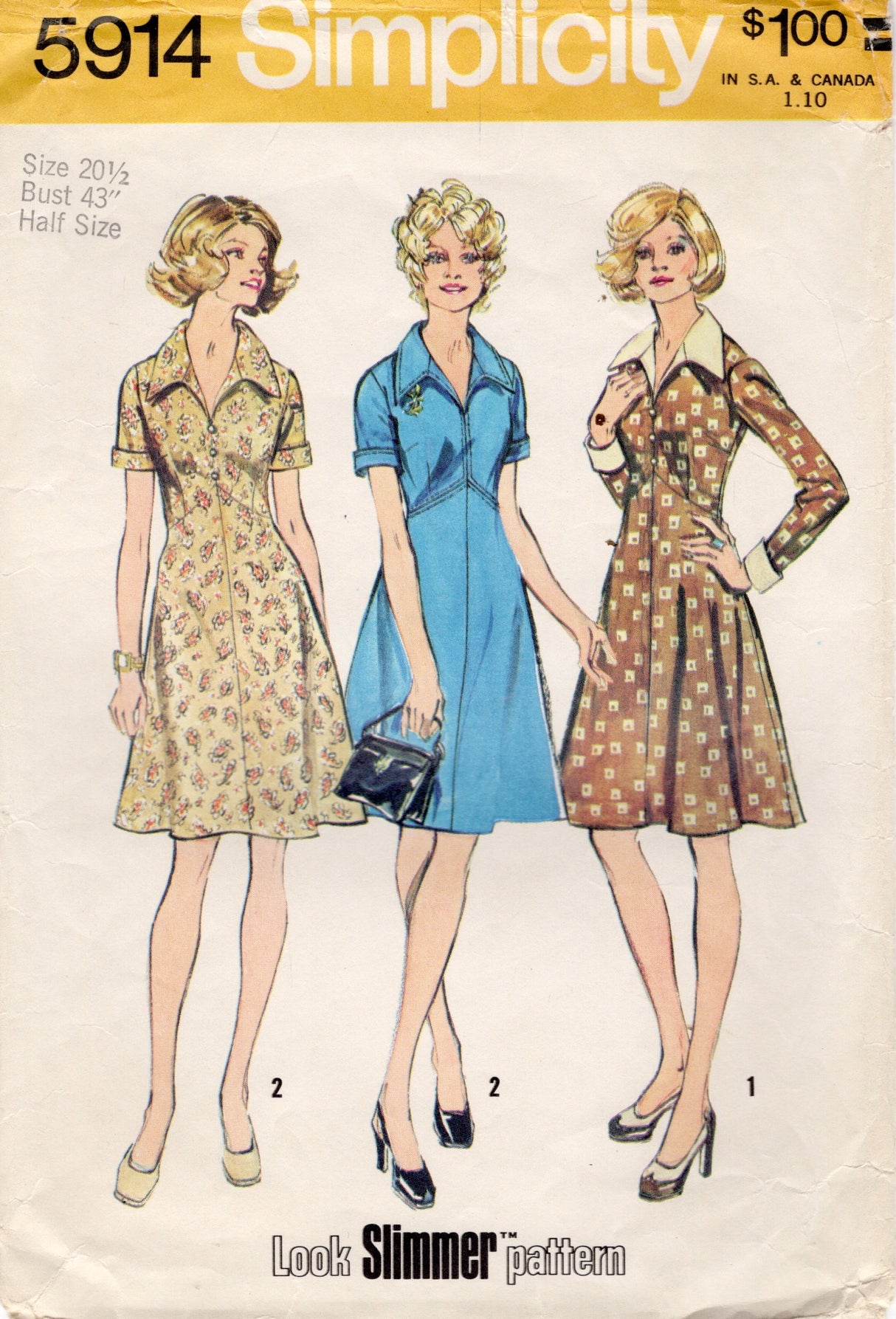 1970's Simplicity Empire Dress Pattern with Large Collar - Bust 43" - No. 5914