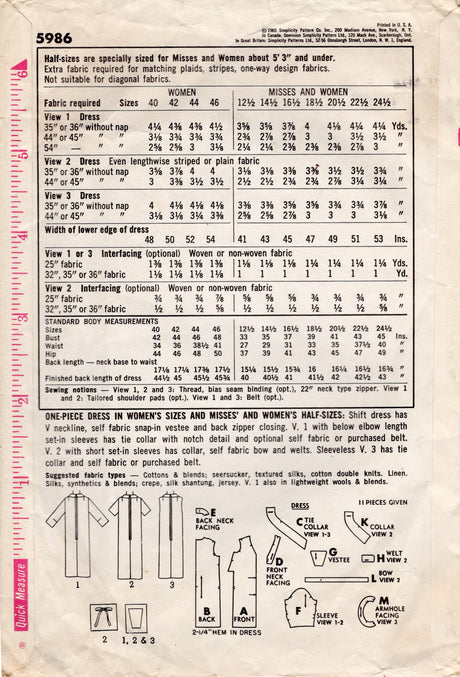 1960's Simplicity Shift Dress Pattern with Large Collar - Bust 45" - No. 5986