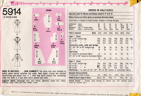 1970's Simplicity Empire Dress Pattern with Large Collar - Bust 43" - No. 5914