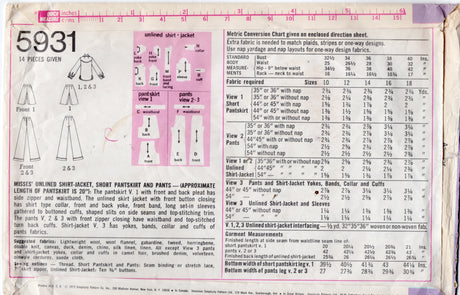 1970's Simplicity Western Style Shirt, Culottes and Bell Bottoms Pattern  - Bust 34" - No. 5931