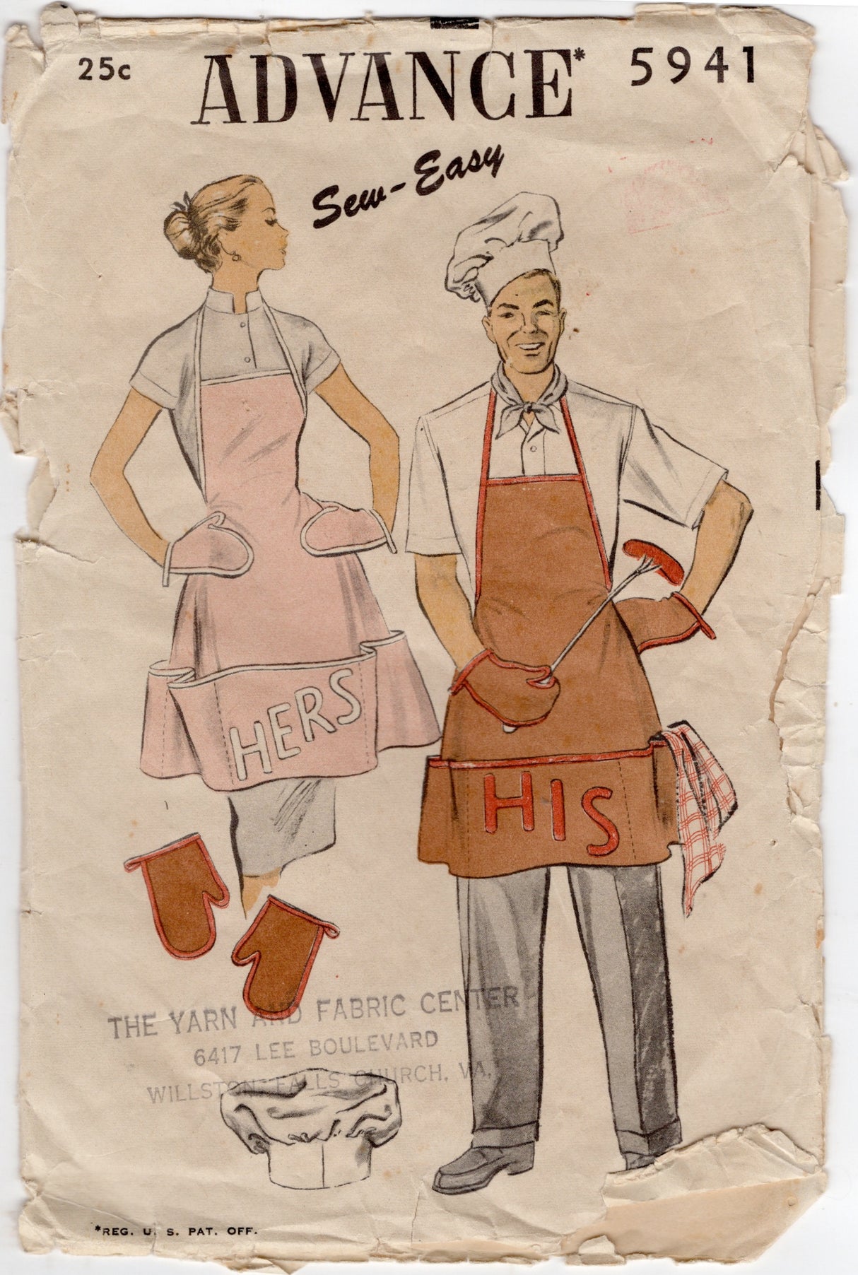 1960's Advance Full "His" and "Hers" Apron, Oven Mitt and Chef Hat pattern - One Size - No. 5941