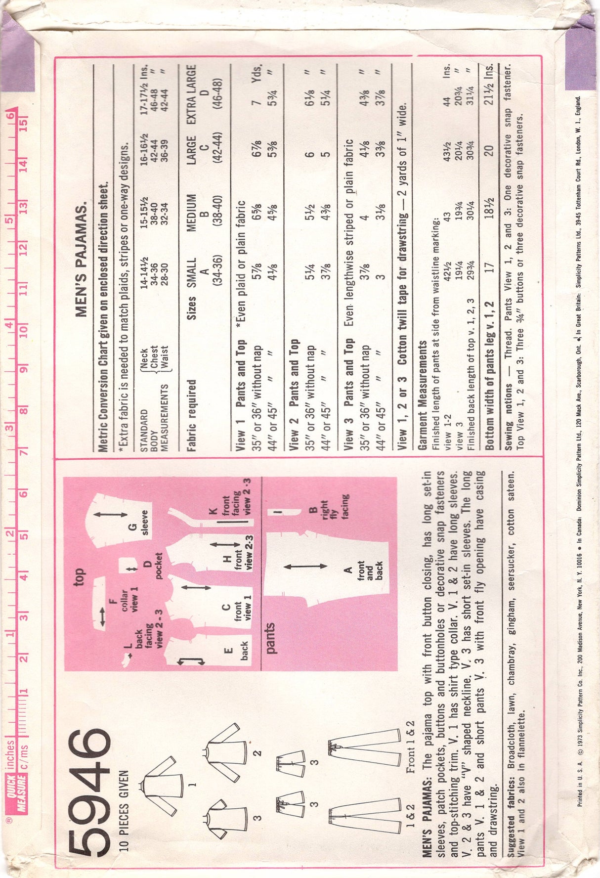 1970's Simplicity Men's Two Piece Pajama pattern - Chest 38-40" - No. 5946