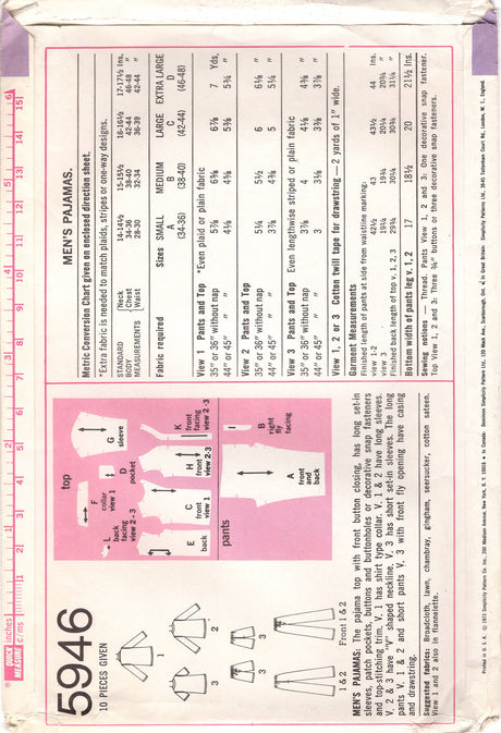 1970's Simplicity Men's Two Piece Pajama pattern - Chest 38-40" - No. 5946