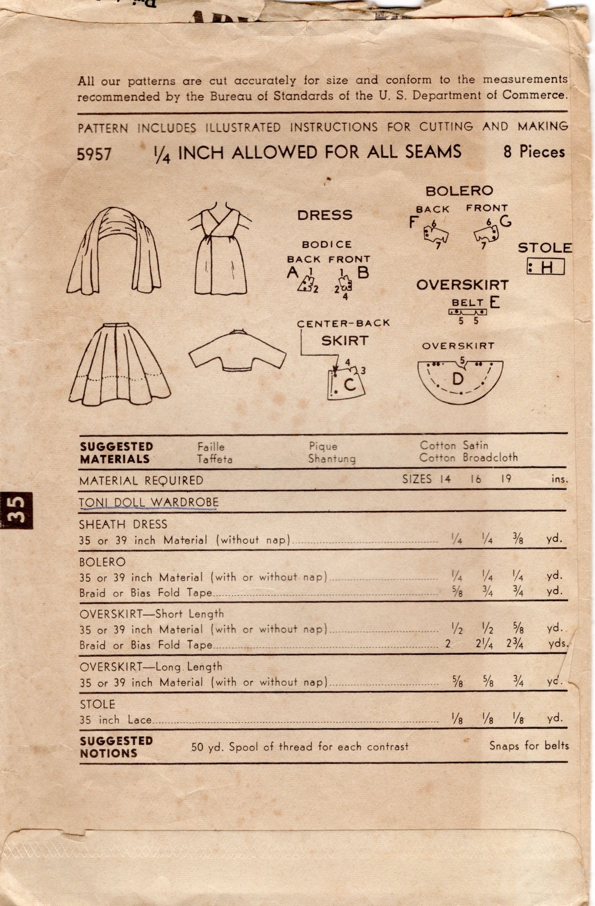 1950's Advance Toni Doll Wardrobe Pattern - 14" doll - No. 5957