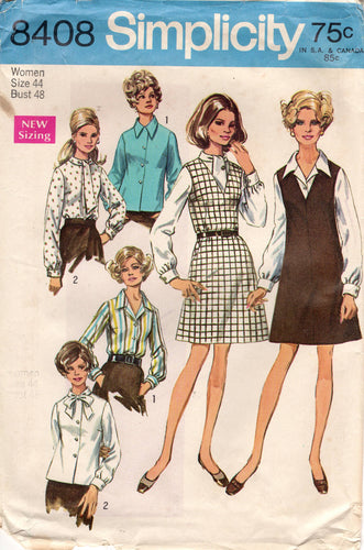 1960's Simplicity Jumper Dress with V Neck and Blouse with Tie Collar Pattern - Bust 48