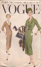 1950's Vogue One-Piece Sheath Dress Pattern with Large Collar and 3/4 Sleeve - Bust 44" - No. 9289