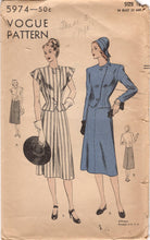 1940's Vogue Two Piece Dress with A line Skirt and Nipped Jacket pattern - Bust 34" - No. 5974