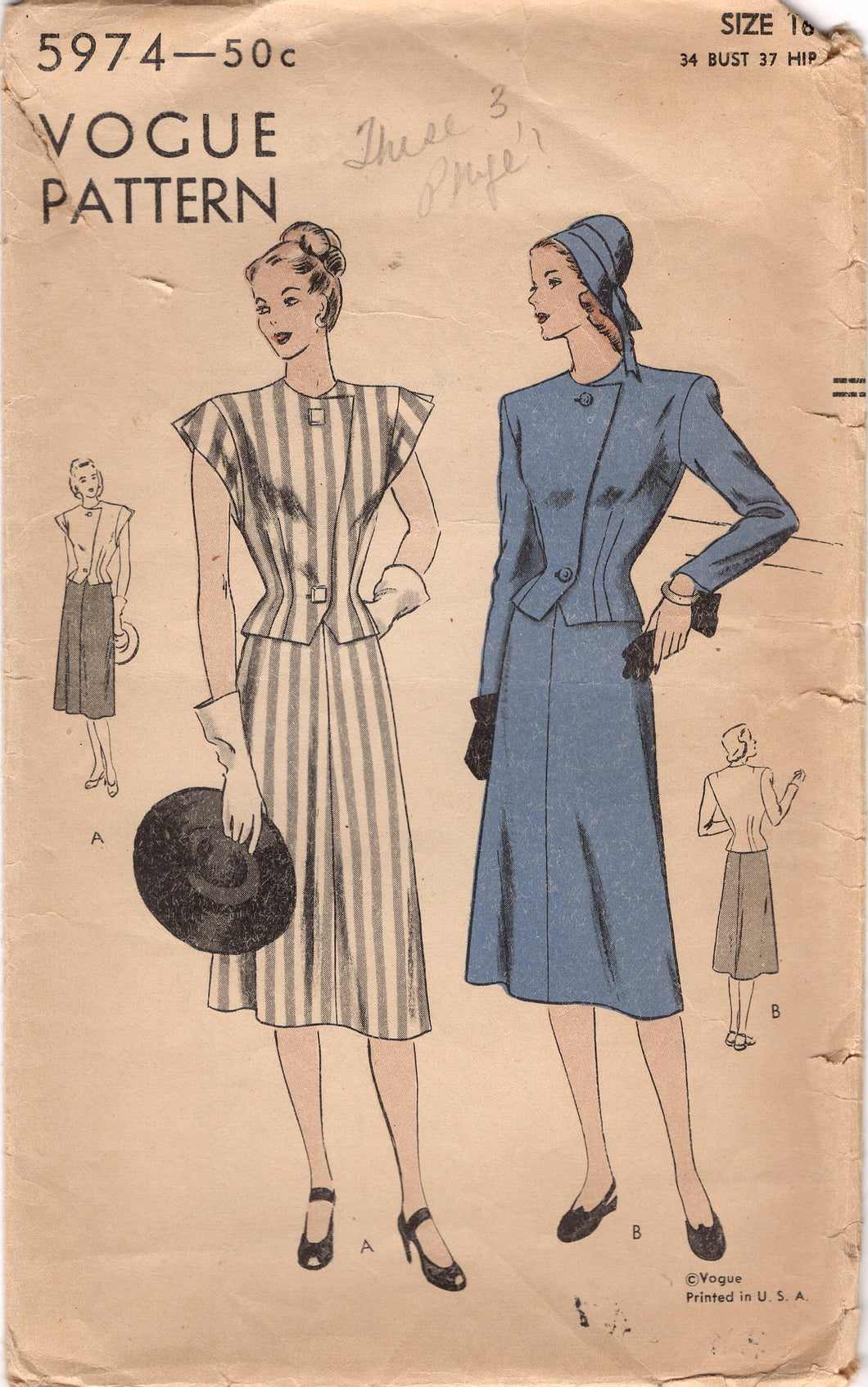 1940's Vogue Two Piece Dress with A line Skirt and Nipped Jacket pattern - Bust 34