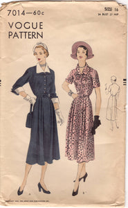 1950's Vogue Shirtwaist Dress Pattern with Double Collar and Cuff - Bust 34" - No. 7014
