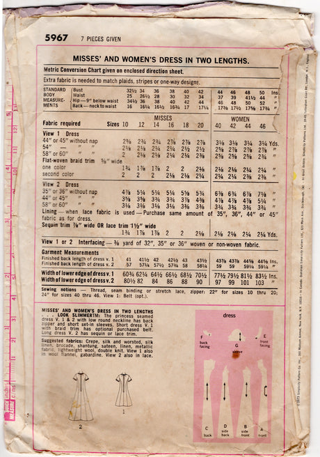 1970's Simplicity Midi or Maxi Dress Pattern with Scoop Neckline - Bust 44-46" - No. 5967