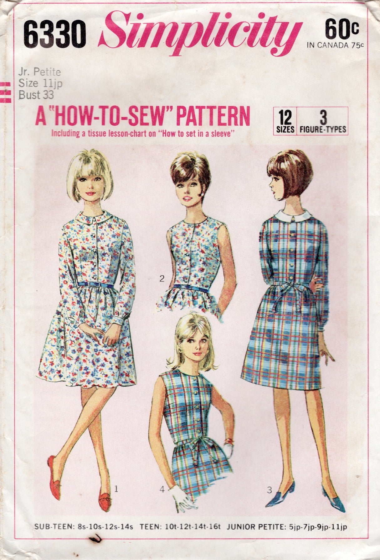 1960's Simplicity How-to-Sew Shirtwaist Dress with Long Sleeves or Sleeveless - Bust 33" - No. 6330