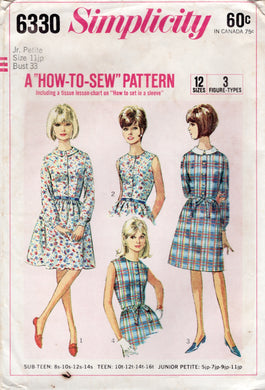 1960's Simplicity How-to-Sew Shirtwaist Dress with Long Sleeves or Sleeveless - Bust 33