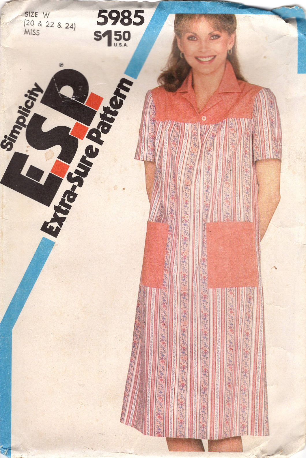 1980's Simplicity ESP House Dress Pattern with Yoke and Patch Pockets - Bust 42-44-46