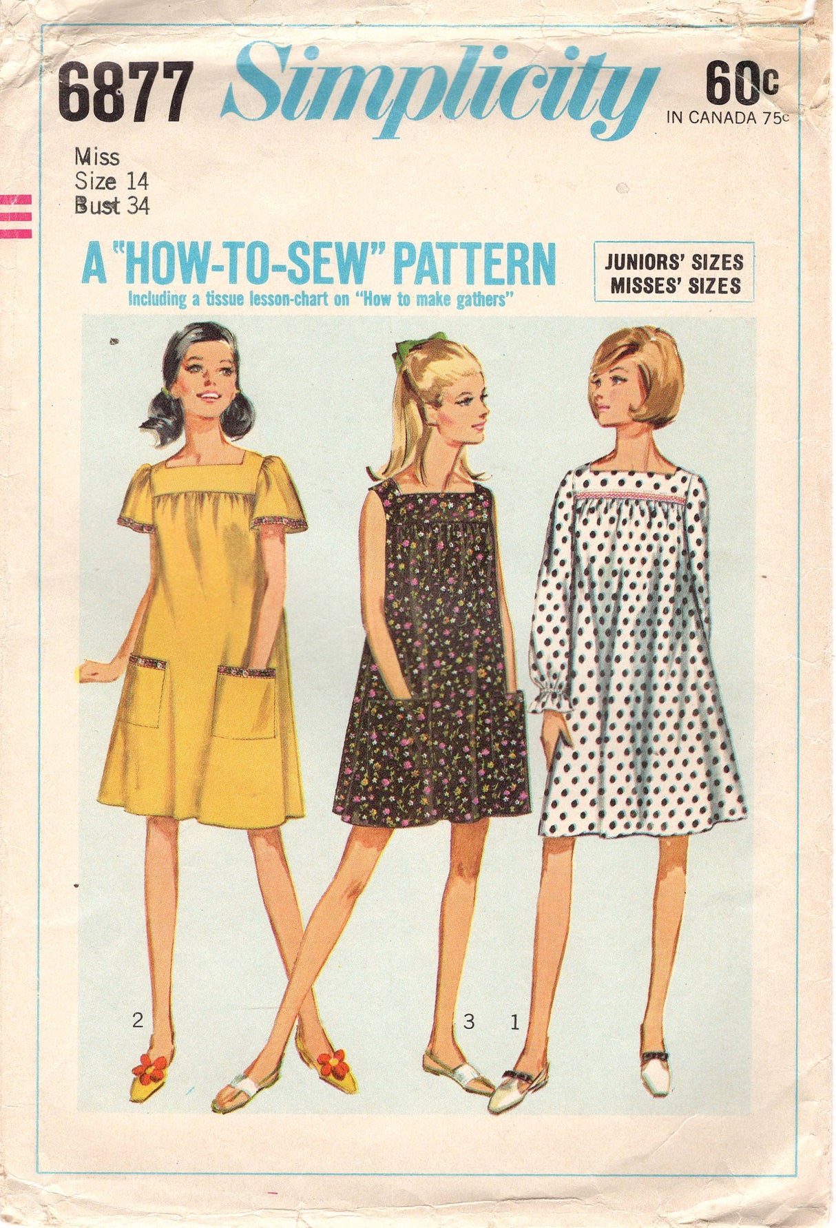 1960's Simplicity How-to-Sew Yoked Dress with Patch Pockets - Bust 34" - No. 6877