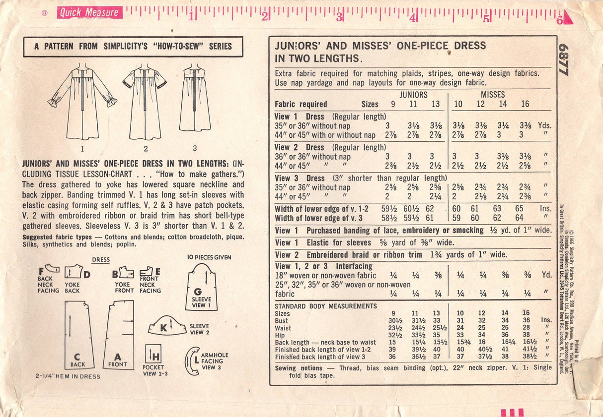 1960's Simplicity How-to-Sew Yoked Dress with Patch Pockets - Bust 34" - No. 6877