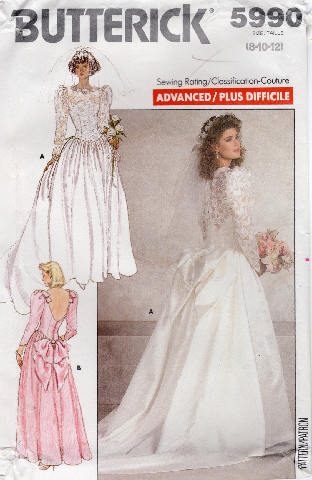 1980's Butterick Wedding Dress Pattern, High Neckline and Low Back Bridal Gown and Bridesmaid Dress - Bust 31.5-34