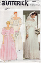1980's Butterick Wedding Dress Pattern, Off the Shoulder and Sweetheart or High Neckline Bridal Gown and Bridesmaid Dress Pattern - Bust 32.5" - no. 6393