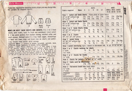 1960's Simplicity Child's Swim Trunks and Two Jacket Styles Pattern - Chest 28" - No. 5997