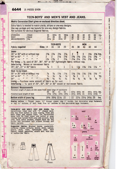 1970's Simplicity Men's Jeans Pattern - Waist 30" - No. 6644