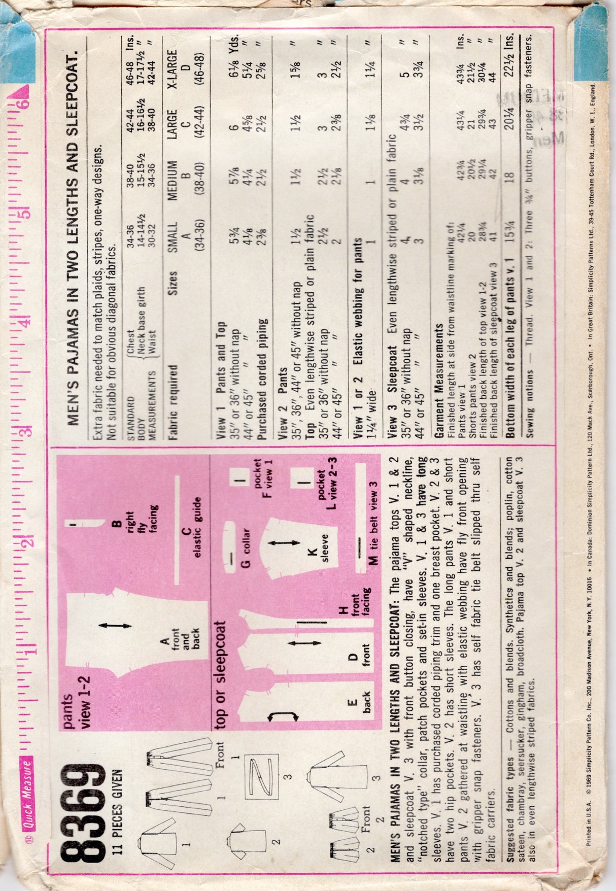 1960's Simplicity Men's Two Piece Pajamas pattern - Chest 38-40" - No. 8369