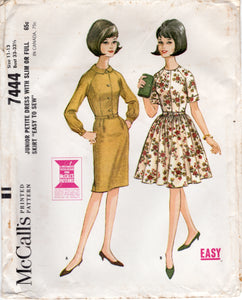 1960's McCall's  Junior Petite Dress with Slim or Full Skirt - Bust 33-33.5" - No. 7444