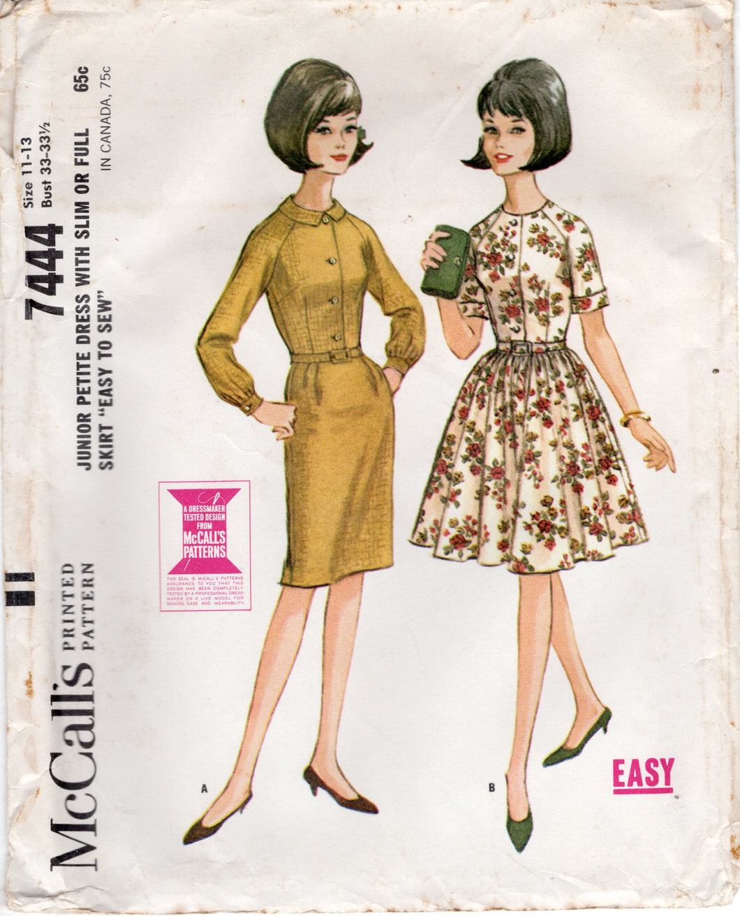 1960's McCall's  Junior Petite Dress with Slim or Full Skirt - Bust 33-33.5