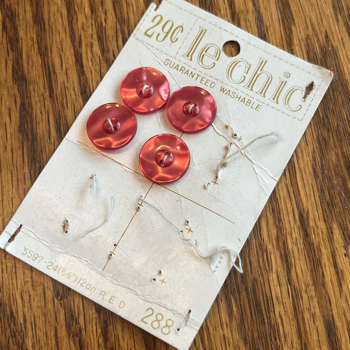 1970’s Le Chic Plastic Buttons - Opalescent Red - Set of 4 - 5/8" -  on card