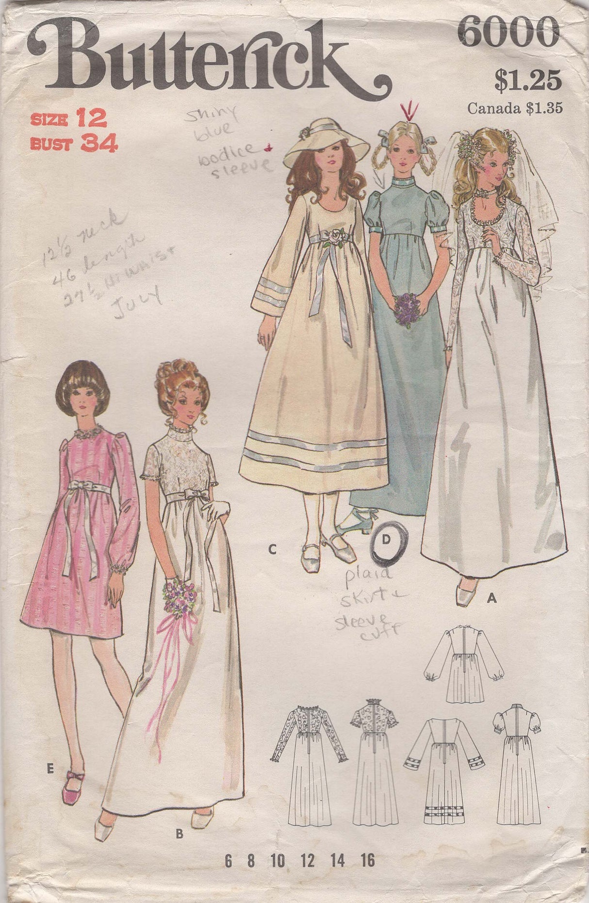 1970's Butterick Empire Waist Wedding Dress - Bust 34"- No. 6000
