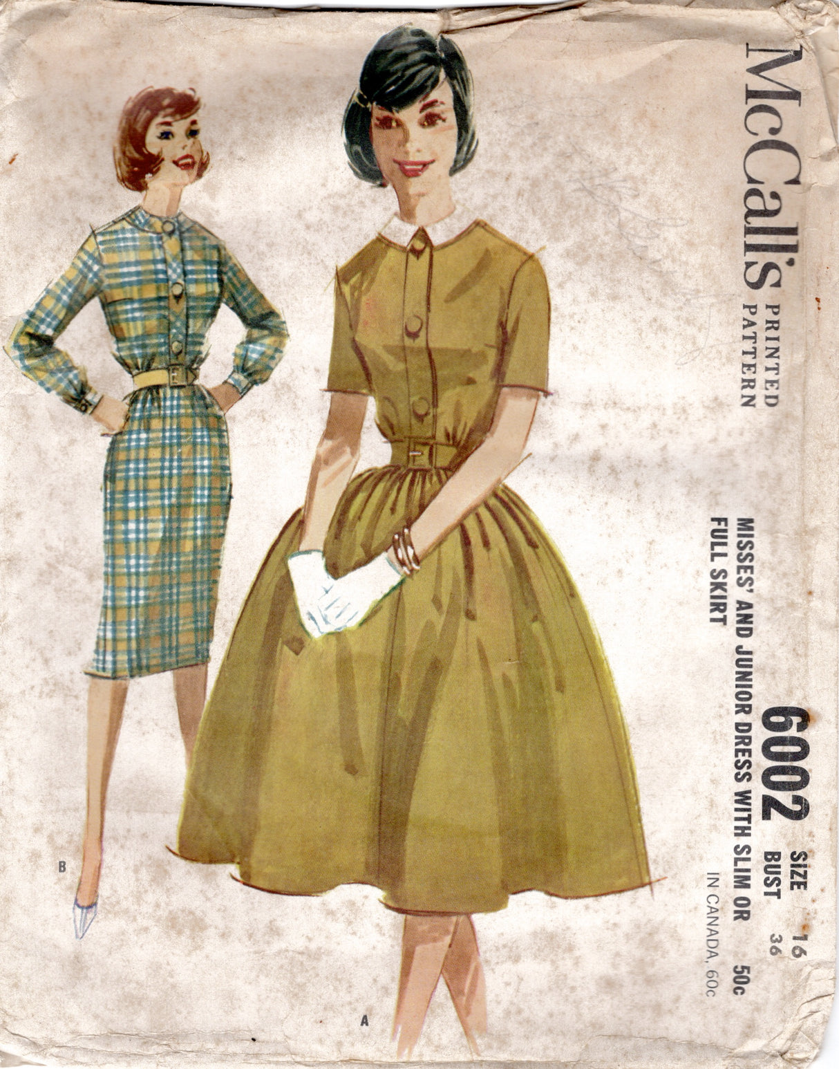 1960's McCall's Shirtwaist Dress with Slim or Full Skirt - Bust 36" - No. 6002