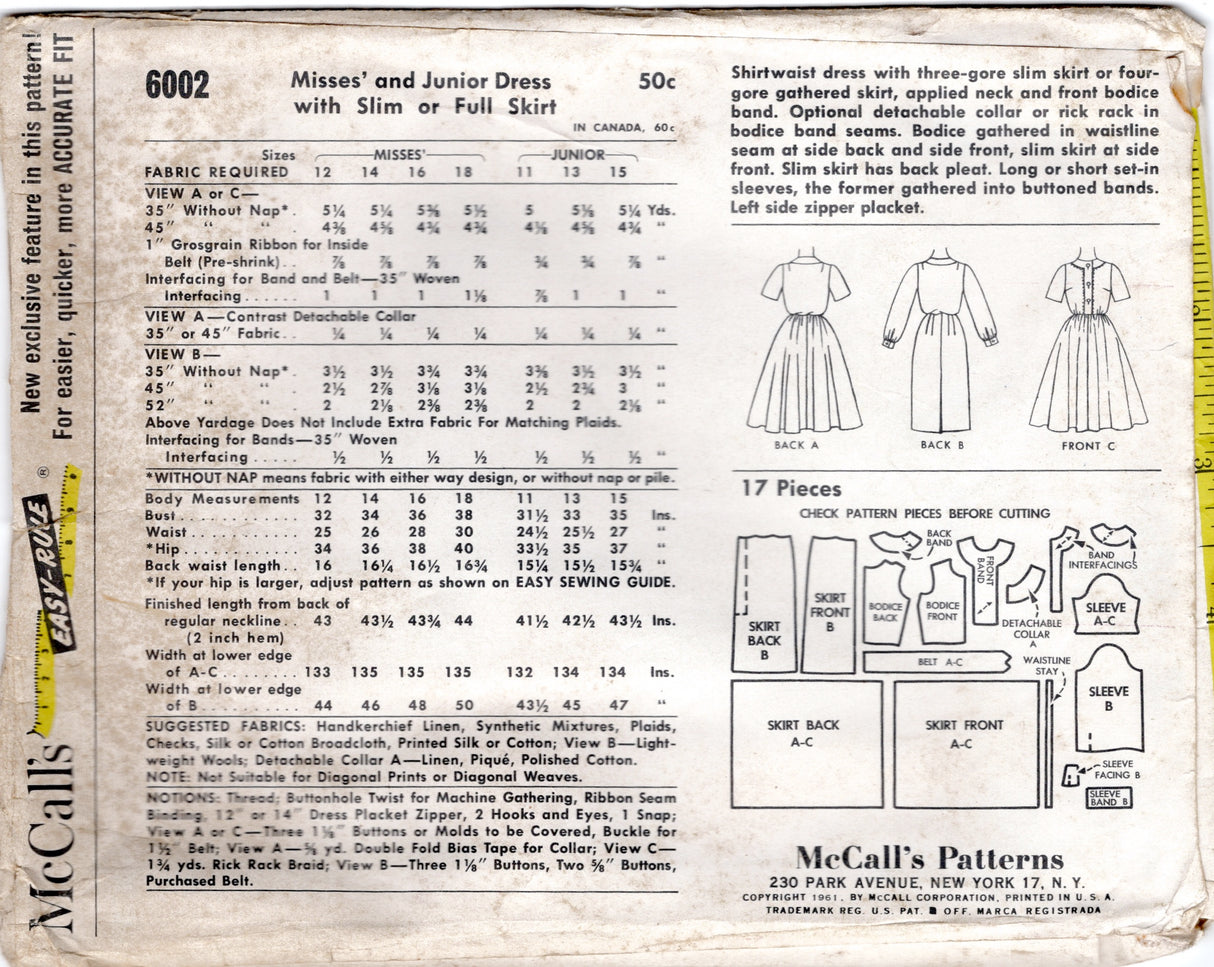 1960's McCall's Shirtwaist Dress with Slim or Full Skirt - Bust 36" - No. 6002