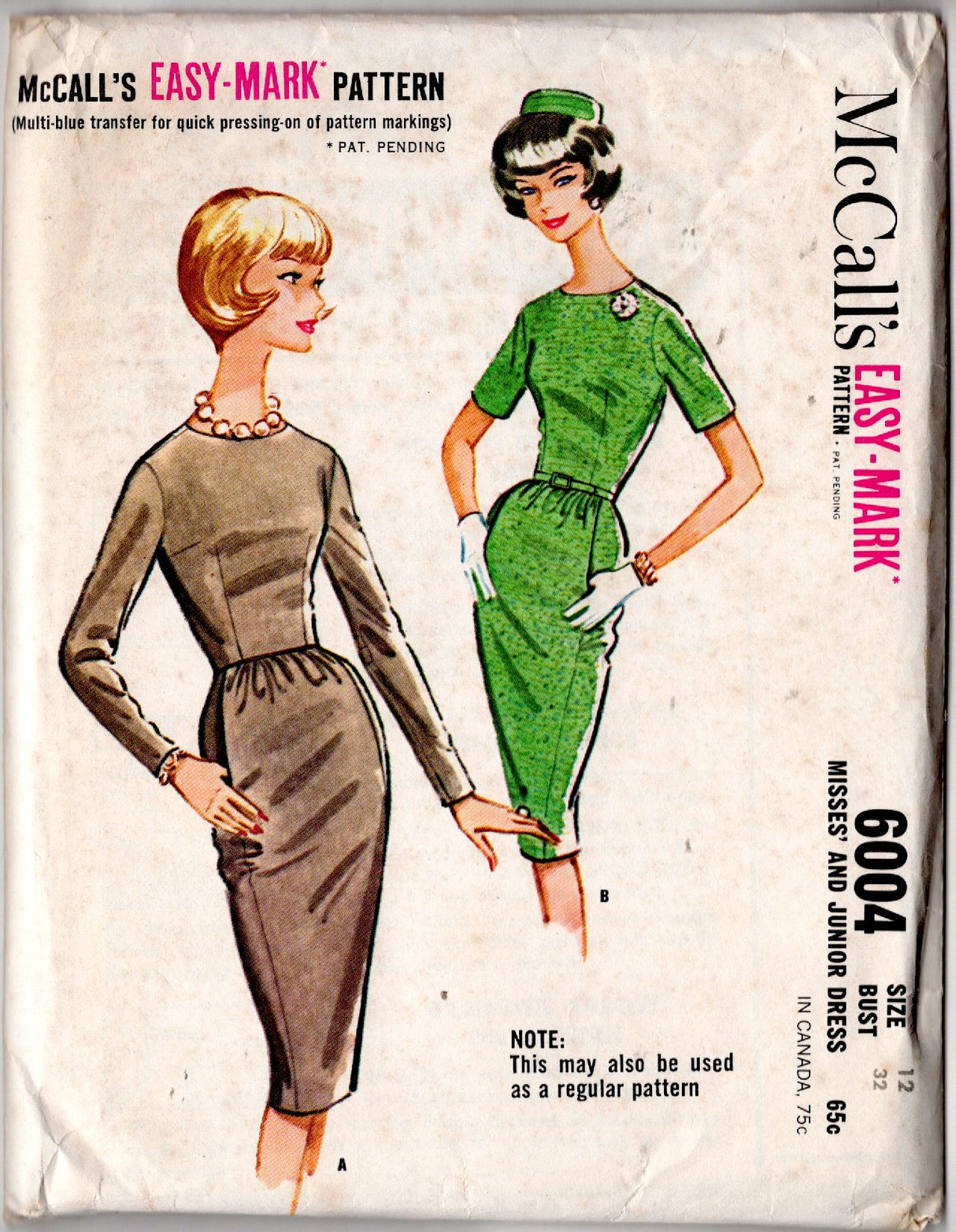 1960's McCall's One Piece Sheath Dress Pattern with Pockets - Bust 32" - No. 6004