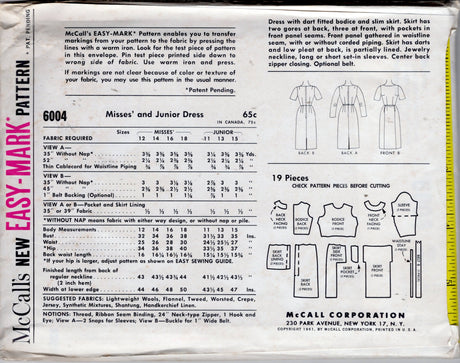 1960's McCall's One Piece Sheath Dress Pattern with Pockets - Bust 32" - No. 6004