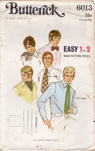 1960's Butterick Men's Accessory Pattern: Tie, Bow Tie, and Ascot Pattern - One Size - No. 6013