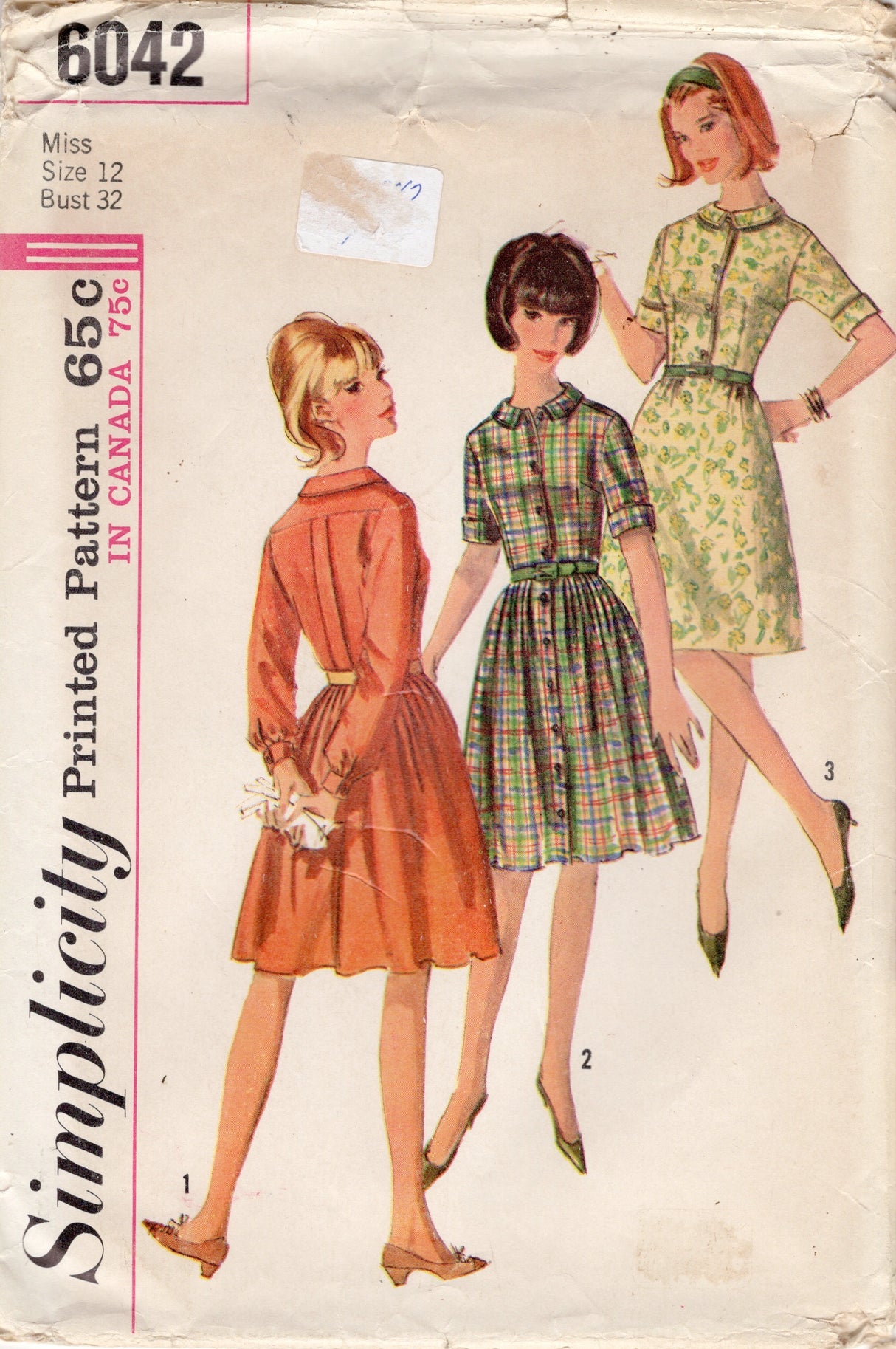 1960's Simplicity Shirtwaist Dress Pattern with Slim or Gathered Skirt - Bust 32" - No. 6042