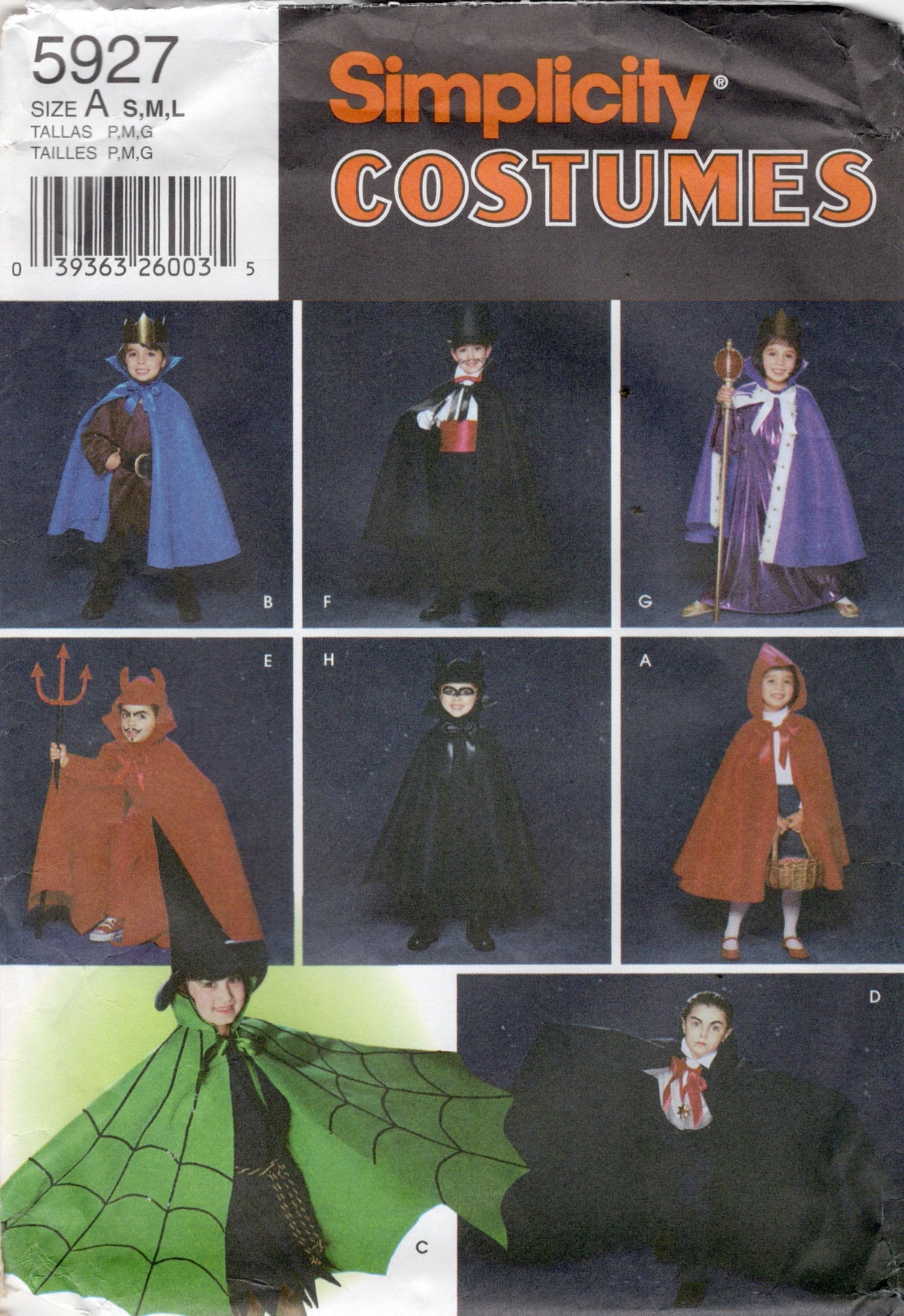 2000's Simplicity Child's Prince, Magician, Wizard, Devil, Bat, Red Riding Hood, Witch and Dracula Costume; Cape, Hat, Headpiece and Robe - Size S-L - No. 5927