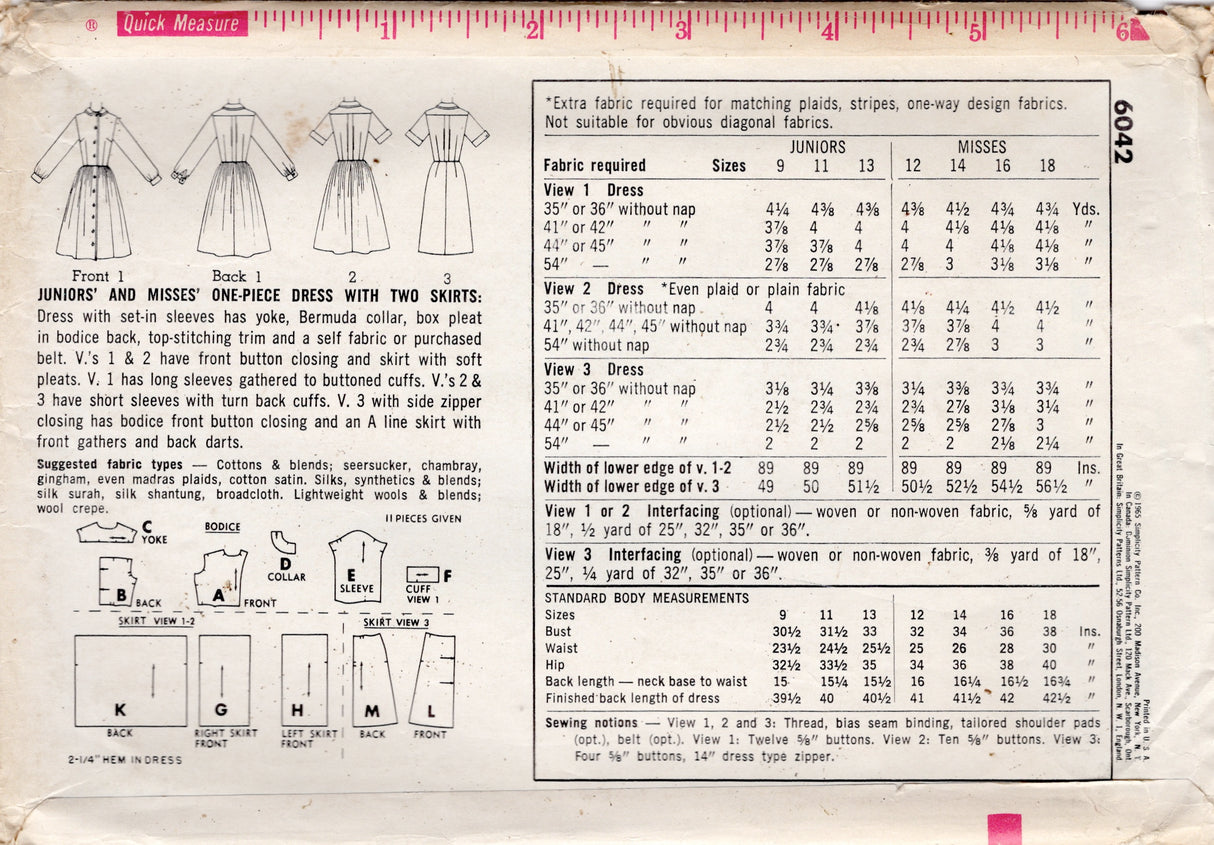 1960's Simplicity Shirtwaist Dress Pattern with Slim or Gathered Skirt - Bust 32" - No. 6042