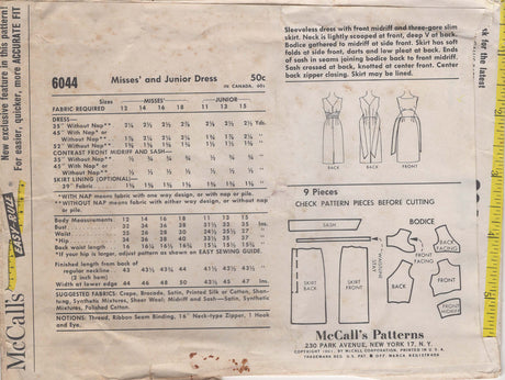 1960's McCall's Slim Fit Dress with Fitted Waist and Tie Sash - Bust 36" - No. 6044