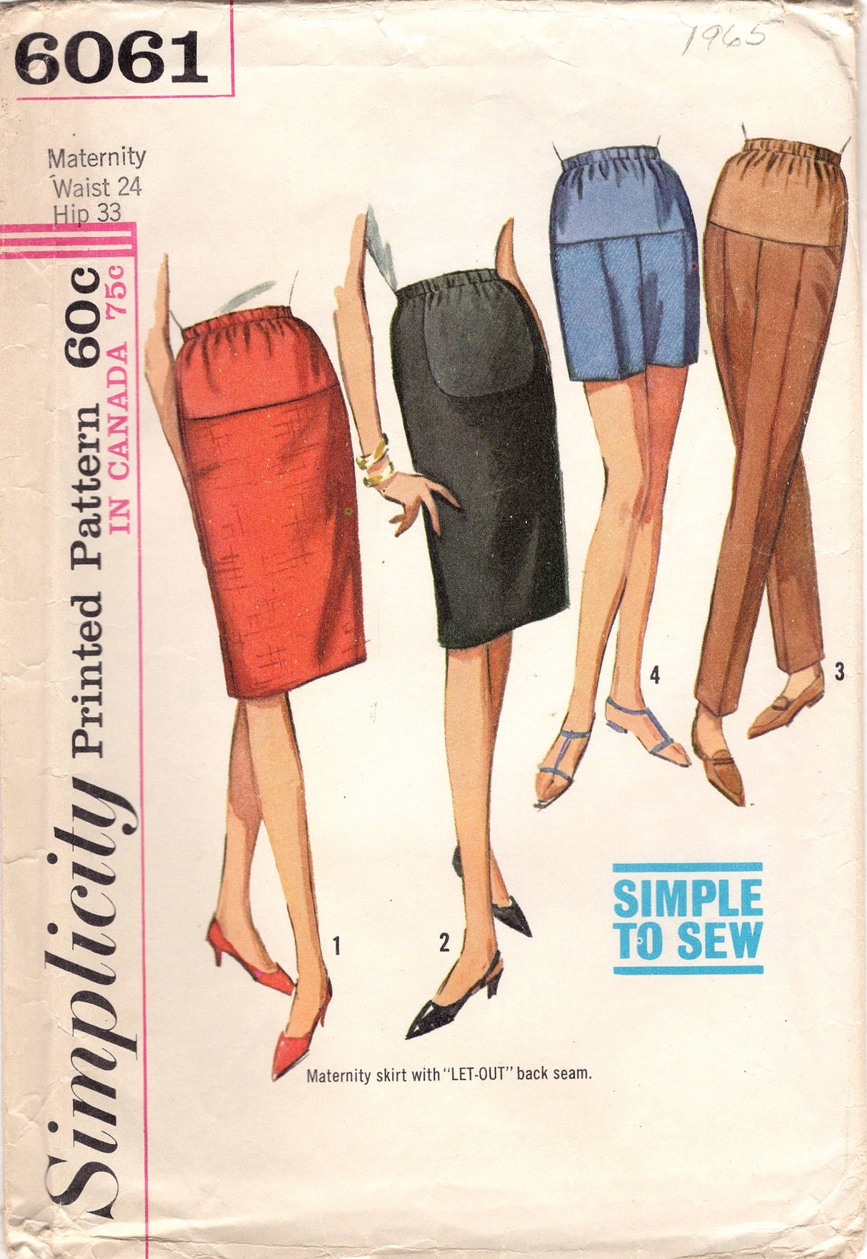 1960's Simplicity Maternity Shorts, Cigarette Pants, and Shorts pattern - Waist 24" - No. 6061