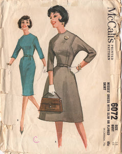 1960's McCall's Sheath or Fit and Flare Dress Pattern with Inset Sleeves - Bust 38" - No. 6072