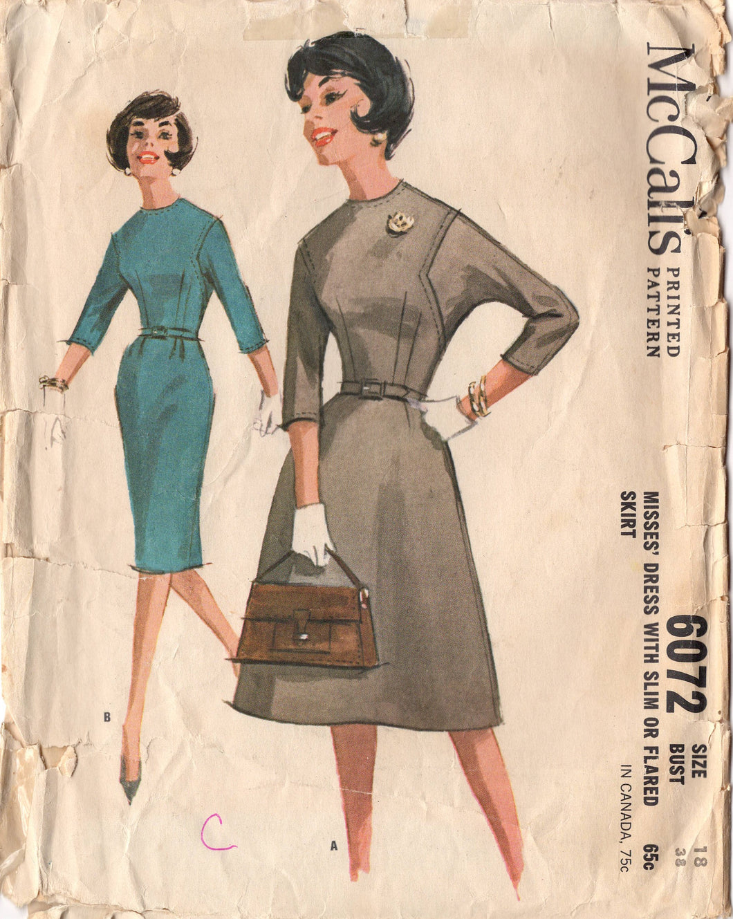 1960's McCall's Sheath or Fit and Flare Dress Pattern with Inset Sleeves - Bust 38